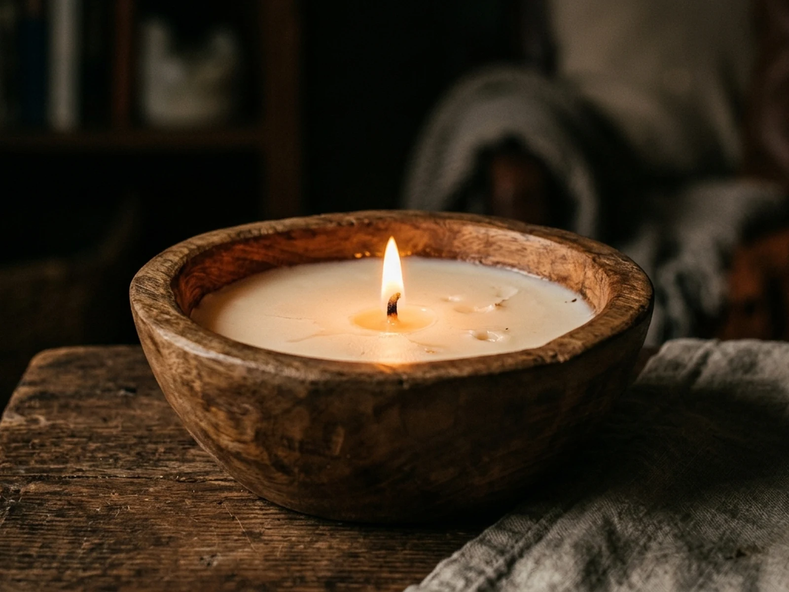Vela de soja en cuenco de madera
